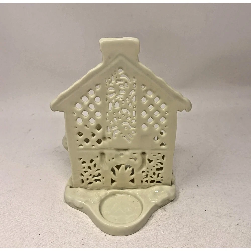 Vintage Ceramic Christmas Village House Tealight Candle Holder Santa Fireplace